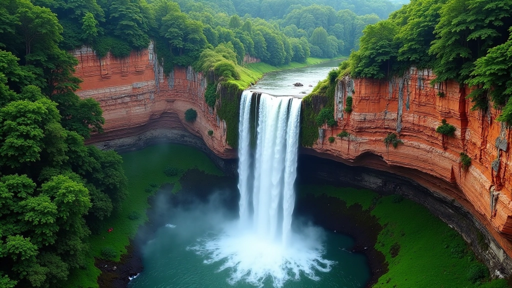 Aerial view of red sandstone cliffs with forest canopy surrounding a waterfall system