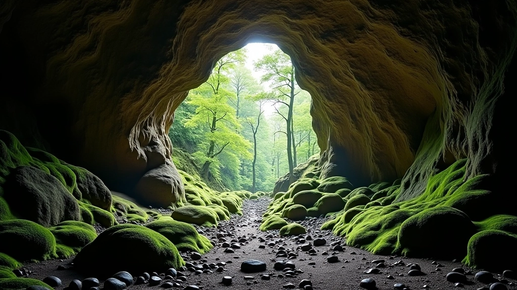 Natural cave entrance carved into sandstone with peaceful underground atmosphere