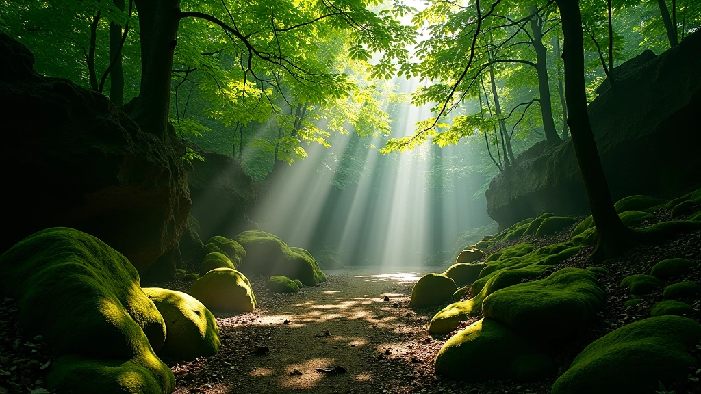 Dense woodland canopy filtering sunlight into dappled patterns on forest floor with moss and ferns