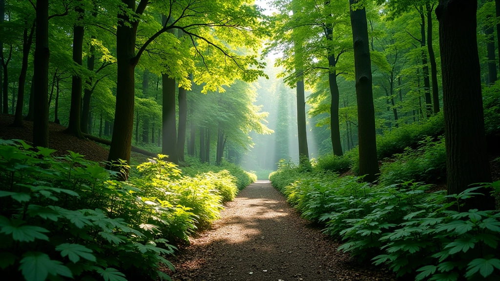 Serene woodland path with dappled sunlight creating peaceful forest atmosphere