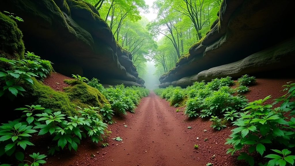 Rocky trail descending through dense forest with water sound audible but not yet visible