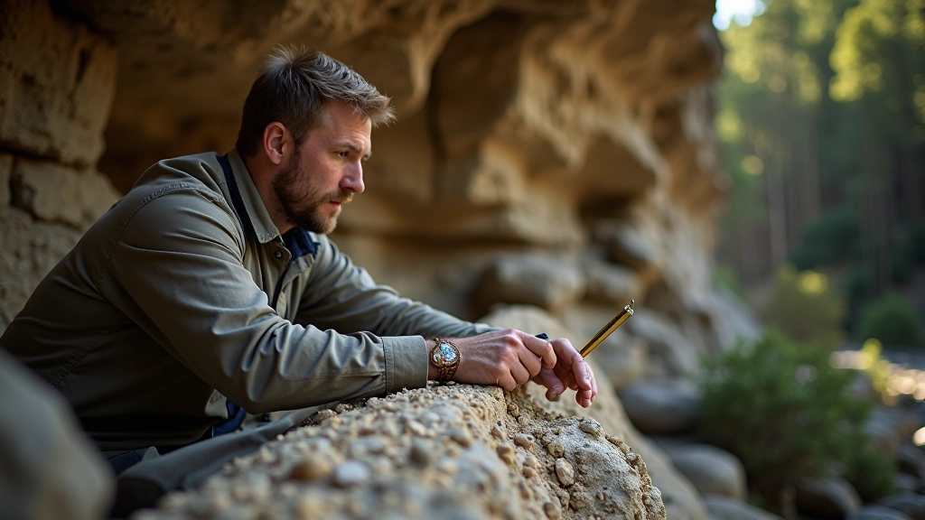Geologist examining sandstone rock formation with measurement tools in natural light, outdoor field research setting, professional documentation