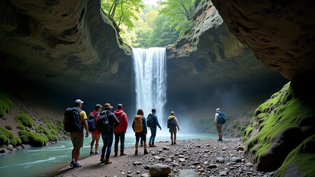 Guided group exploring sandstone waterfall gorge