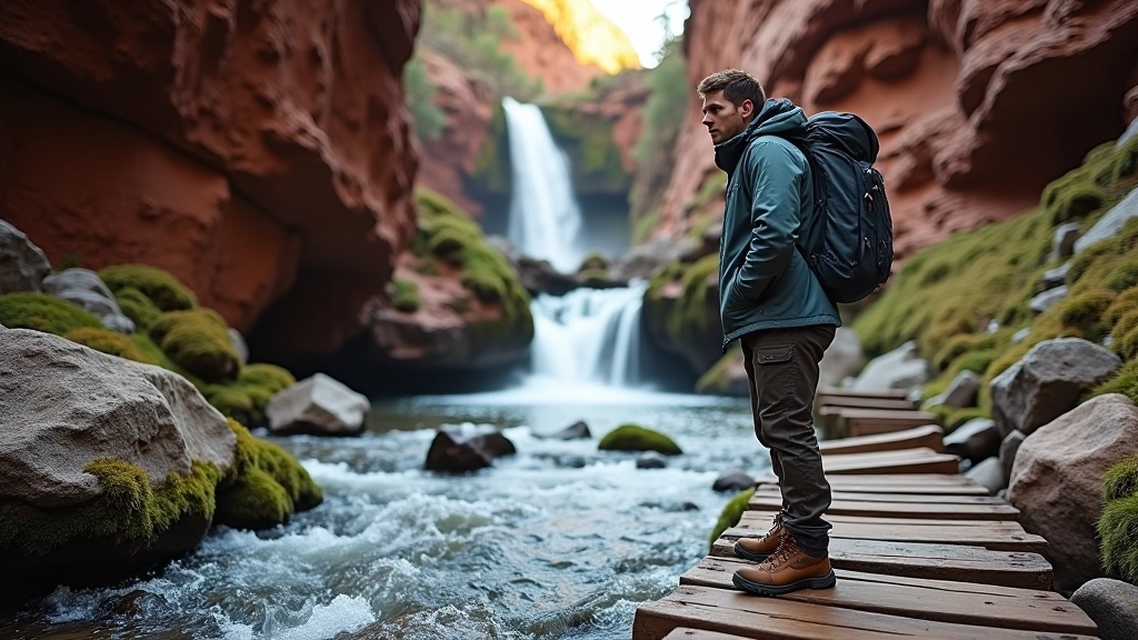 Person standing on wooden boardwalk beside flowing waterfall with red sandstone cliffs rising behind