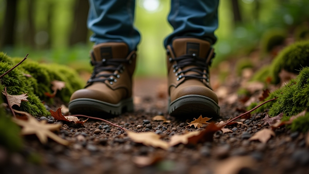 Feet and lower legs on a forest path covered with fallen leaves and moss, hiking boots visible, natural woodland floor