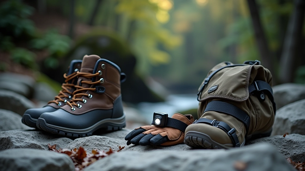 Hiking boots on rocky ground next to a backpack and headlamp, showing proper cave exploration gear laid out on stone surface