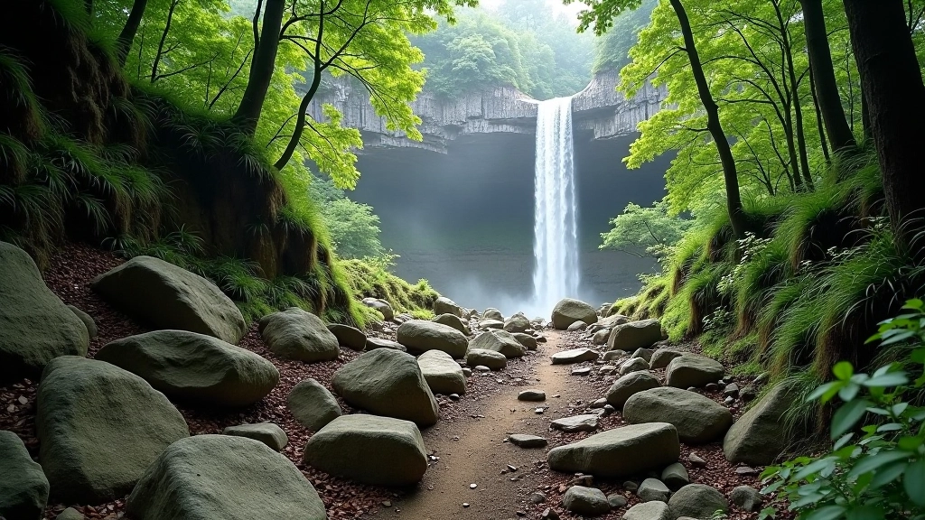 Boulder-strewn trail descending toward a waterfall with mist rising and water visible through the trees