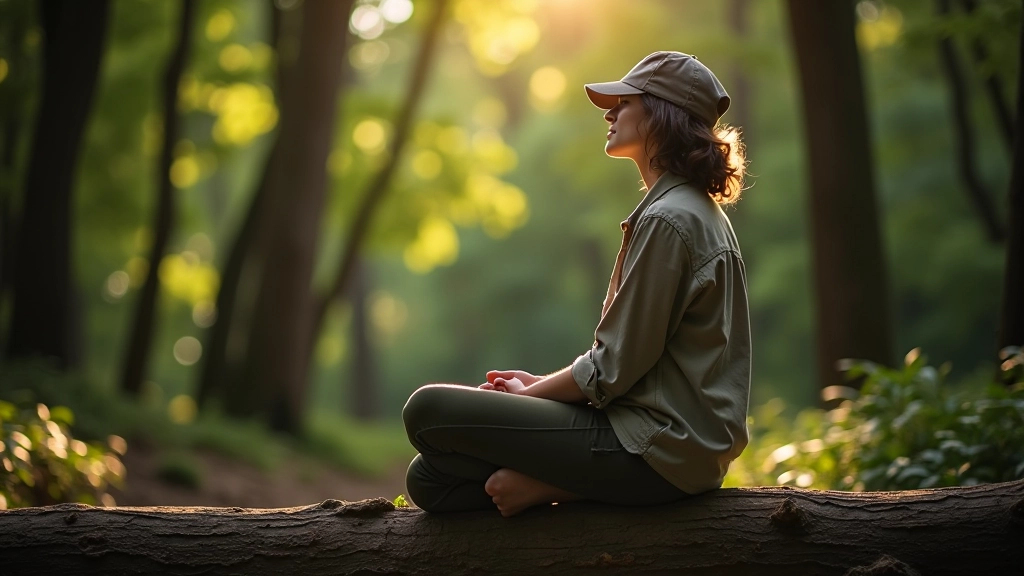 Person sitting peacefully on a fallen log in sunlit woodland clearing, surrounded by tall trees