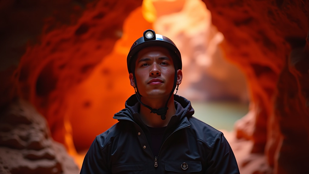 Person standing inside a cave with warm lighting illuminating red sandstone walls and natural rock formations above