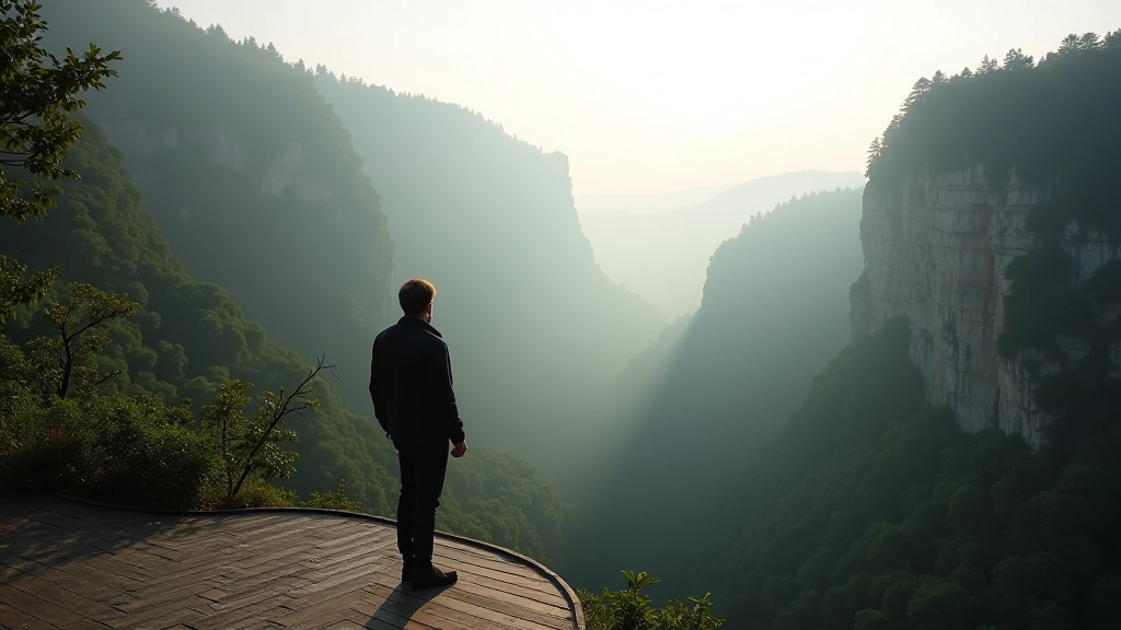 Person standing alone on a wooden observation platform overlooking a deep valley with forested slopes and distant cliffs in morning mist