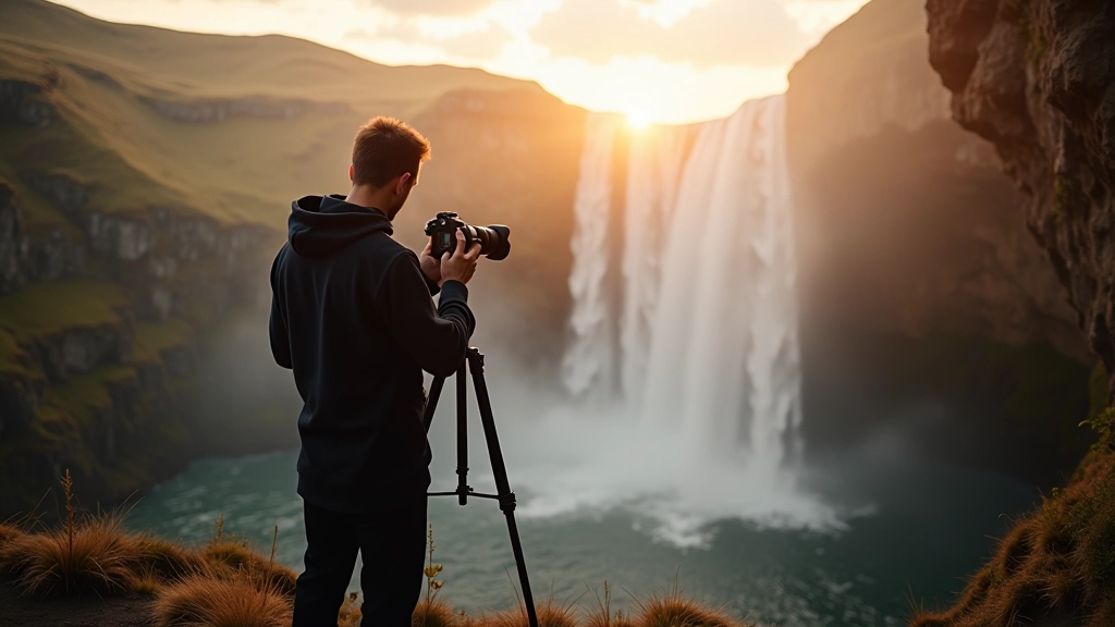 Photographer capturing waterfall and cliff formations in natural light