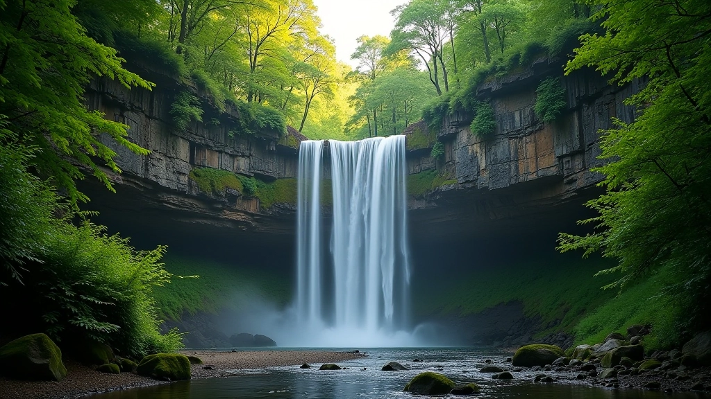 Waterfall flowing through sandstone cliffs in natural woodland setting
