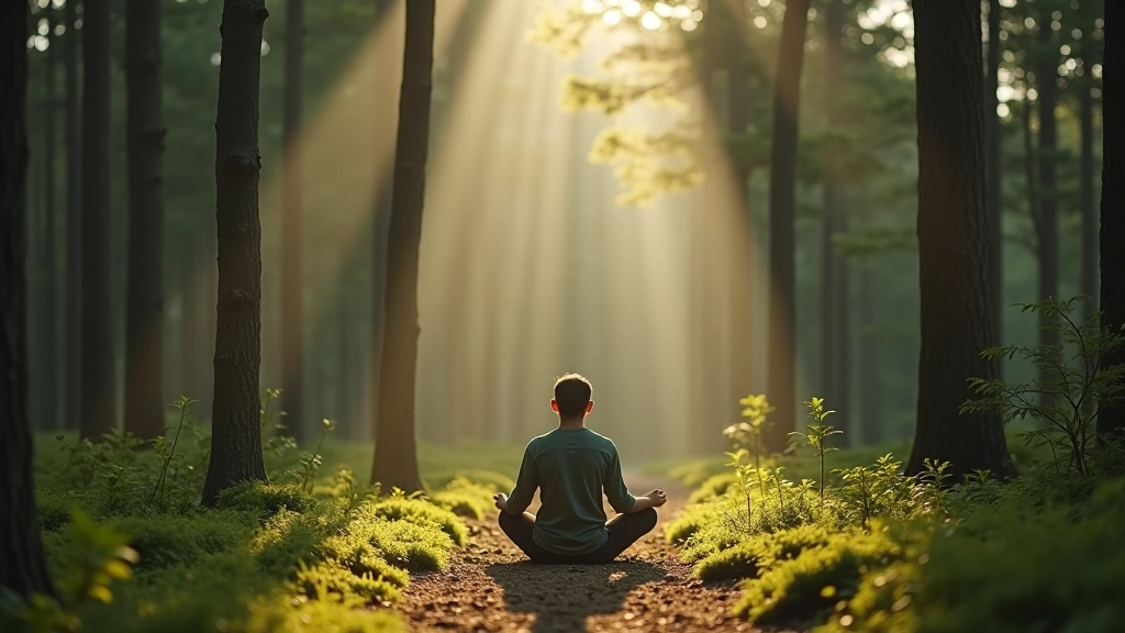 Person practicing mindful movement in forest clearing surrounded by trees