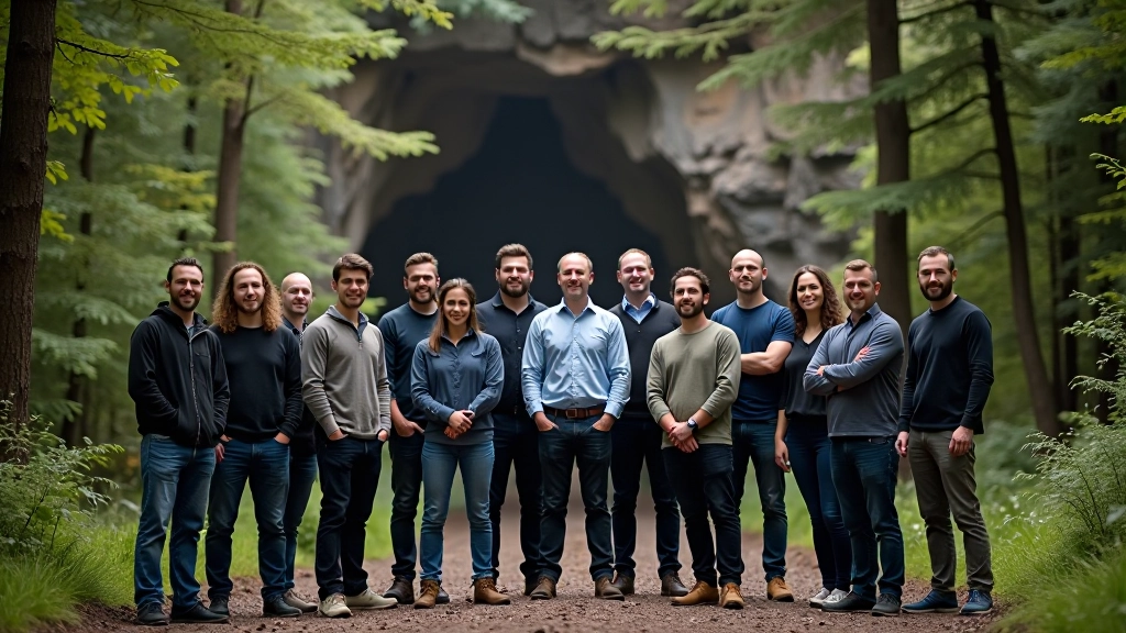 Corporate team group photo in forest setting near sandstone cliff