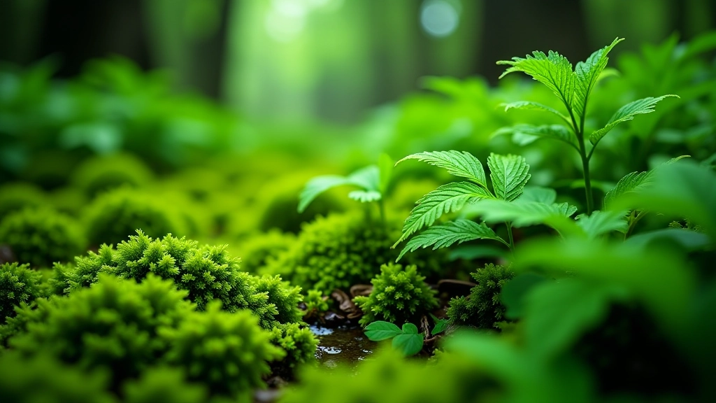 Close-up of green moss and ferns on damp forest floor with water droplets, natural lighting, forest setting