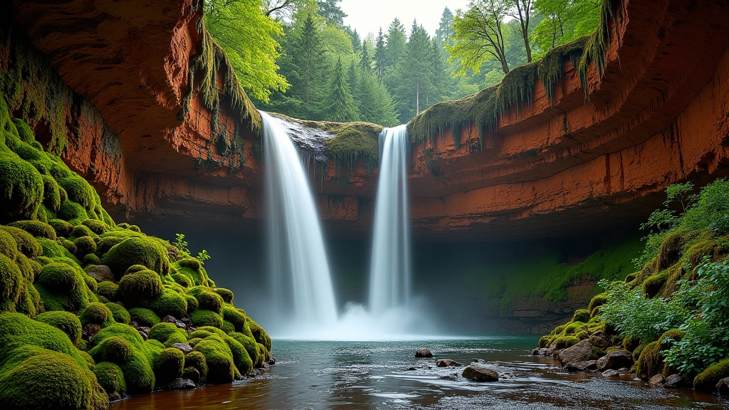 Waterfall cascading down sandstone cliff face surrounded by woodland
