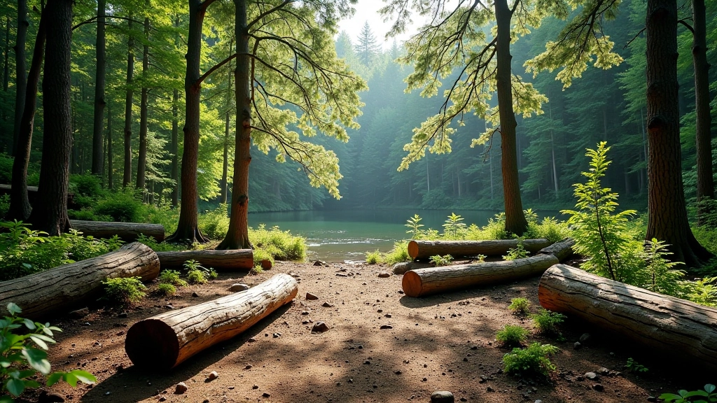 Woodland clearing with fallen logs and natural seating areas surrounded by tall forest trees