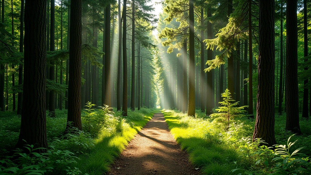 Forest path winding through tall pine and birch trees with soft filtered sunlight and green woodland floor